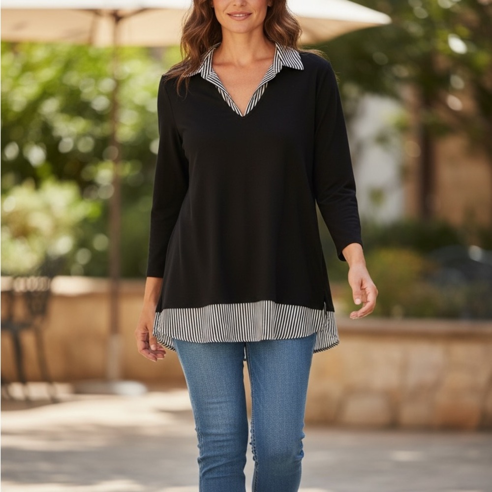 Adrianna Papell Black Blouse with White Striped Accents